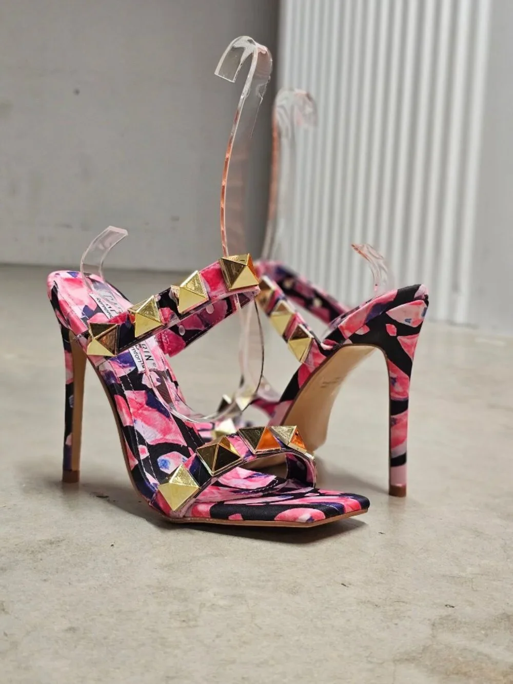 Pink & Gold Studded High Heel Sandals With Floral Pattern Open Toe Stiletto Heel - Picture 7 of 13